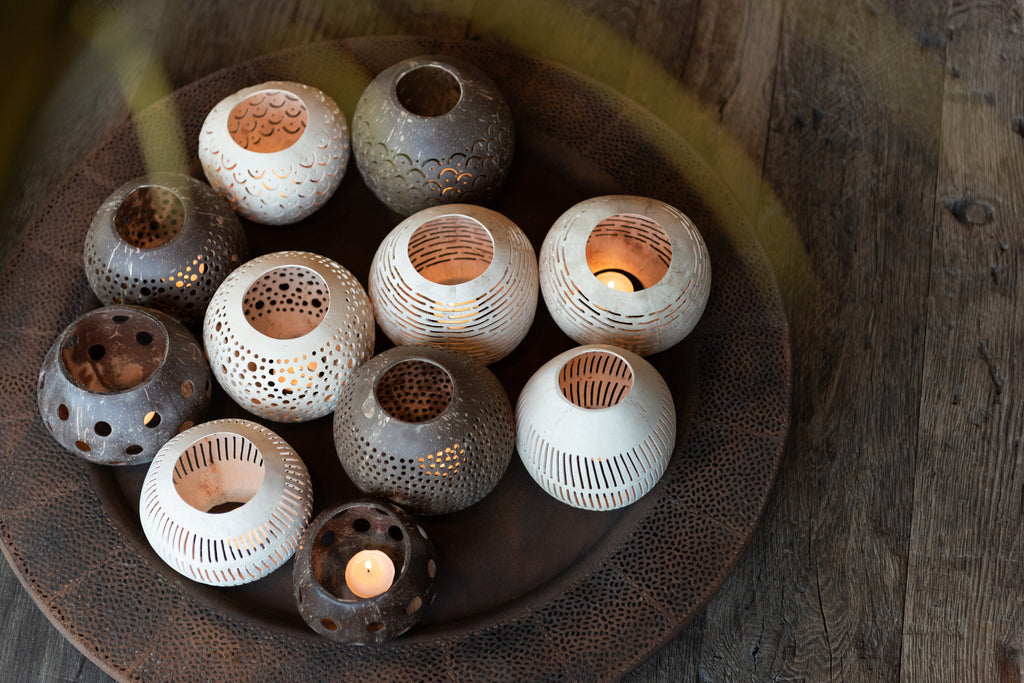 Photophore en noix de coco - Naturel - Lot de 3
